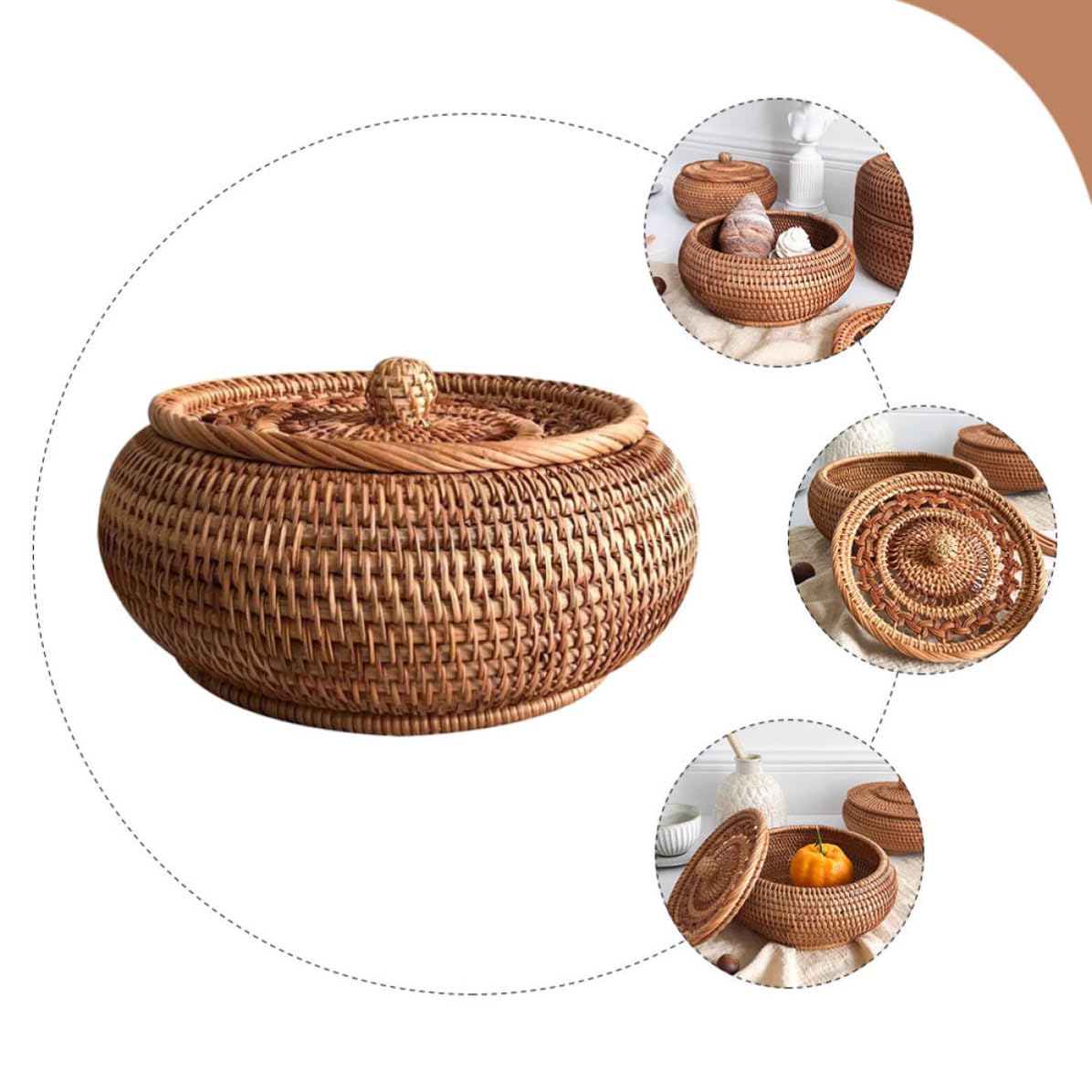 Cesto Portaoggetti per Dolci e Snack Coperchio in Rattan Intrecciato Resistente e Pratico per in Camera da o Studio