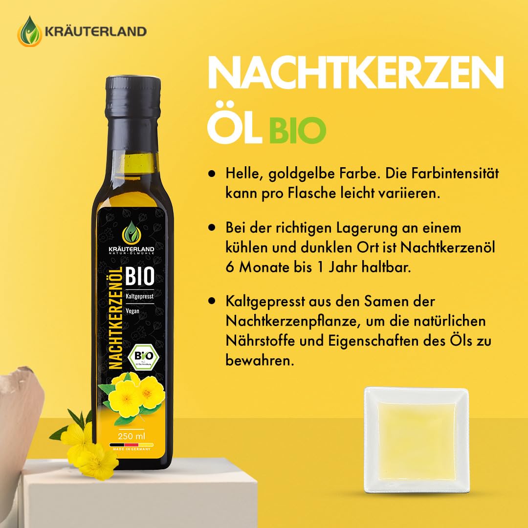Kräuterland Bio Nachtkerzenöl 4X250ml (1L), kaltgepresstes Speiseöl | mit natürlicher Linolsäure und Gamma-Linolensäure aus reinen Nachtkerzensamen, milder Geschmack, Gluten- & GVO-frei im Glas