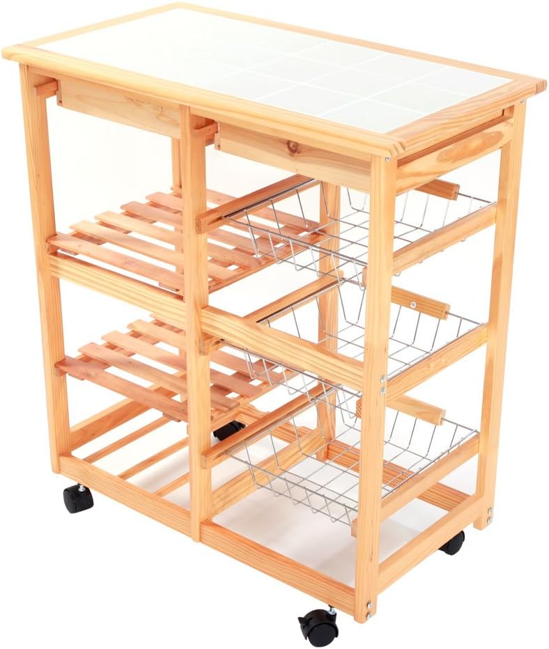 Rolling Kitchen Island Cart, Microwave Stand Trolley, Utility Cart Rack w/3-Basket and Storage Drawers for Home Multi-Function (Wood)