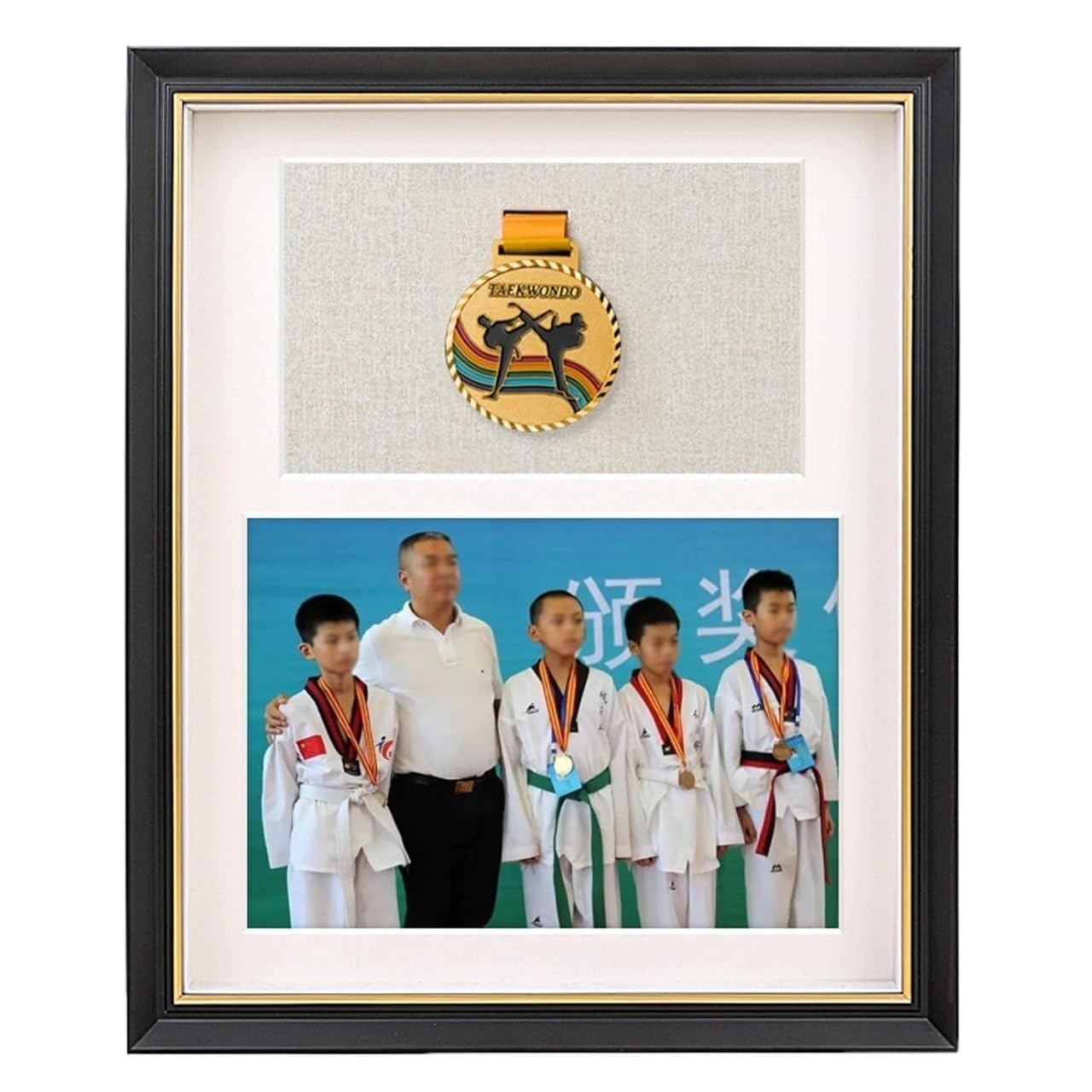 Caja 3D madera para fotos y medallas con acabado Champagne Gold