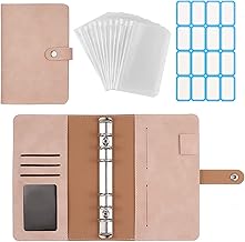 Samcos PU Leather Household Book Binder A6 Size with Card Slots, 6 Ring Binders, 12 Zipper Pockets, Waterproof, Opaque, Multifunctional, Office Supplies, Household Management, Money Management (Pink)
