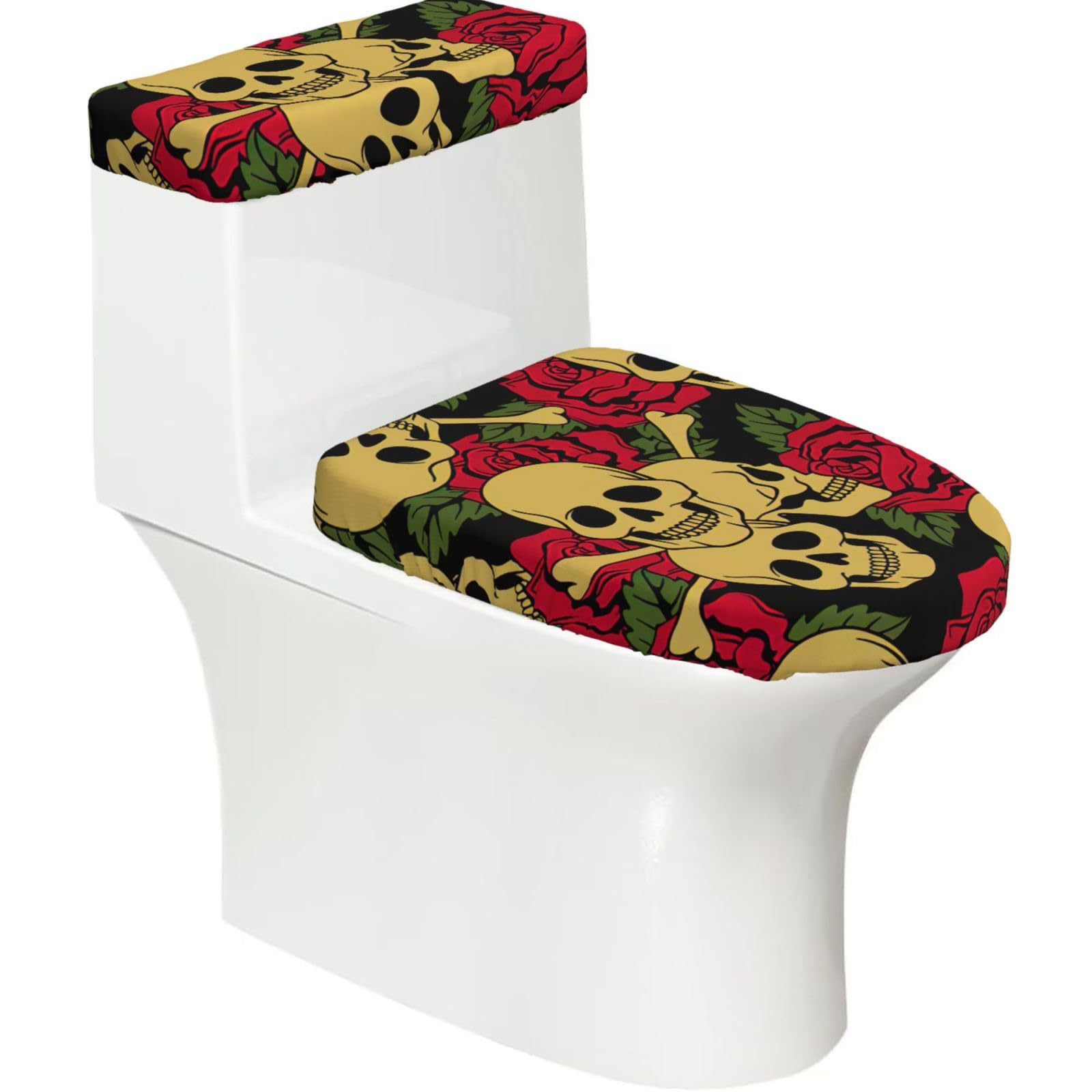 Rose and Skull Print 2-Piece Stretch Toilet Cover Set, Elastic Breathable Toilet Seat and Tank Lid Protector