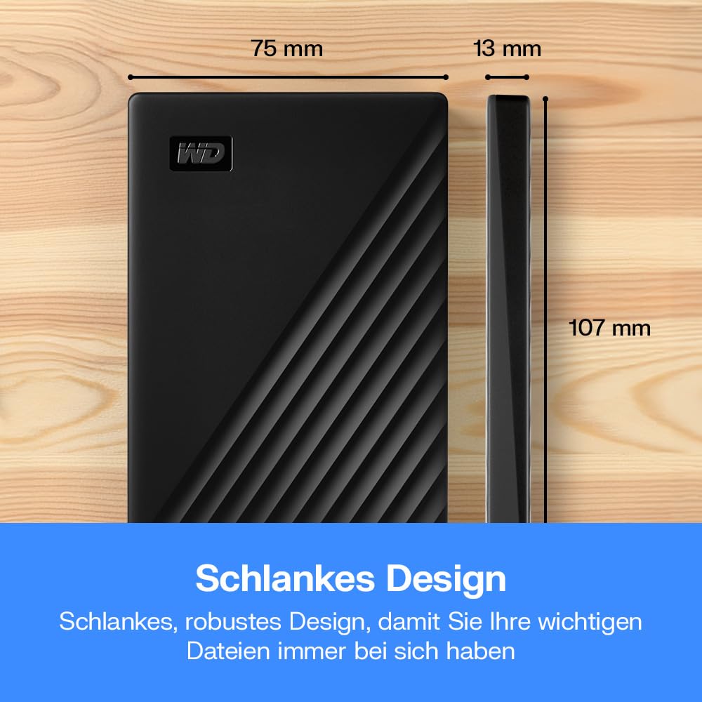 WD My Passport externe Festplatte 1 TB (mobiler Speicher, schlankes Design, herunterladbare Software, automatische Backups, Passwortschutz) Schwarz - auch kompatibel mit PC, Xbox und PS4, 1 Stück
