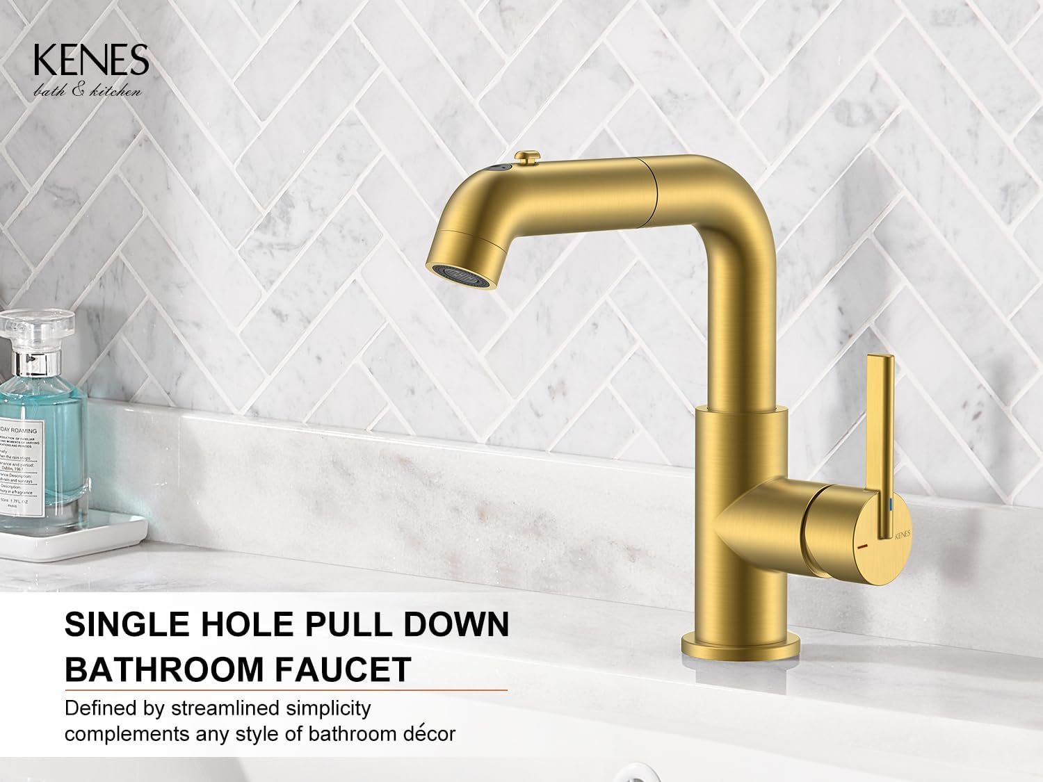 KENES Pull Down Bathroom Faucet with Sprayer, Brushed Gold Single Handle Bathroom Sink Faucet with Pull Out Sprayer, Vanity Bar Faucet with Pop Up Drain & Deck Plate, LJ-9055A-4 - Image 2