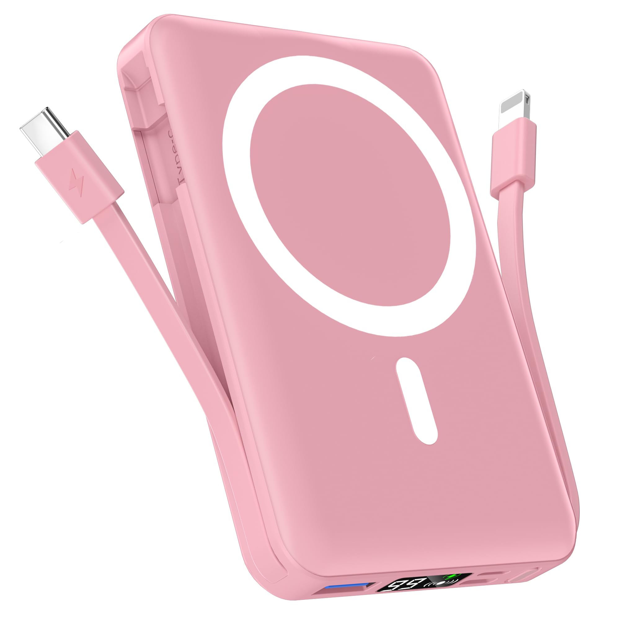 Podoru Power Bank Magnetico, 10000mAh Caricabatterie Portatile per MagSafe Powerbank Wireless PD 22.5W USB-C Ricarica Rapida Power Bank per iPhone 16/15/14/13/12 Mini/Pro/Plus/Pro Max- Rosa