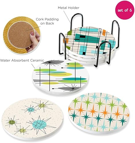 Miniatura 6 de HUXJOKO Juego de 6 posavasos para bebidas, diseño moderno vintage de mediados de siglo, posavasos de cerámica absorbente, tapete redondo de piedra,