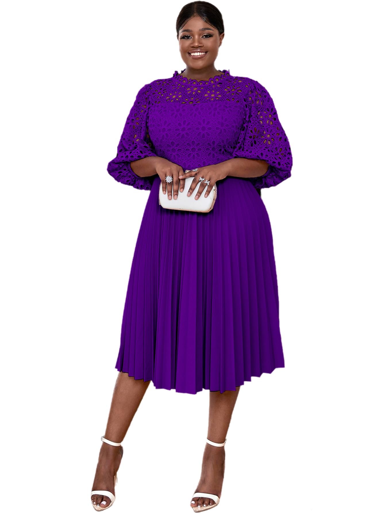 AOMEI Women's Hollow Out Lantern Sleeve Lace Patchwork Pleated A-Line Elegant Dress