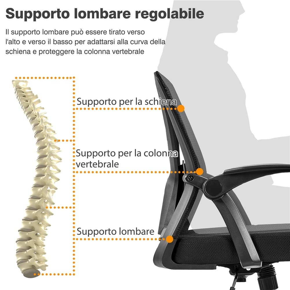 Yaheetech Sedia da Ufficio Scrivania Ergonomica Lombare con Braccioli Altezza Regolabili Ruote Girevoli Schienale in Rete Traspirante Portata 136 kg Nera
