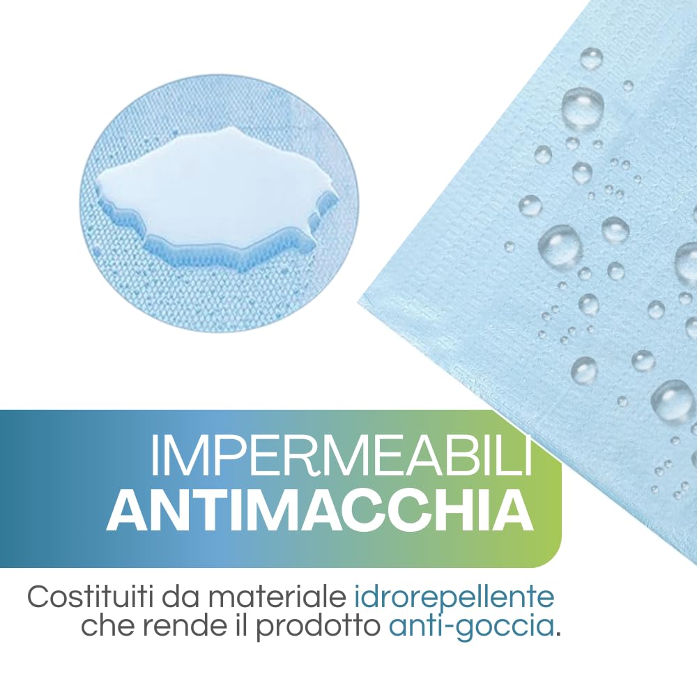 VIRSUS 100 Bavagli monouso impermeabili per Adulti e Anziani, misura 37x68 cm di colore azzurro, in polietilene e cellulosa con colletto anti-strappo rinforzato e tasca raccogli cibo