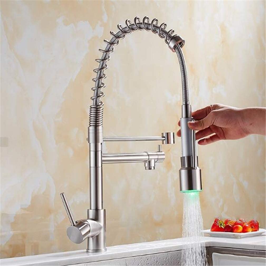 Mitigeur d'évier de cuisine à LED et robinet à bec extractible en nickel brossé