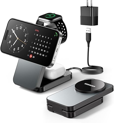 Miniatura 1 de ESSAGER Cargador inalámbrico de viaje plegable 3 en 1 compatible con iPhone 1615141312, estación de carga inalámbrica magnética de 15 W para