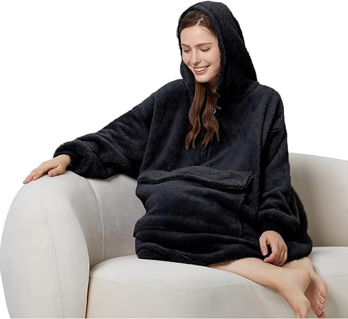 Miniatura 6 de Manta con capucha ultra suave y mullida, color negro, de gran tamaño, acogedora, cálida, gigante, con bolsillo práctico para adultos, mujeres,