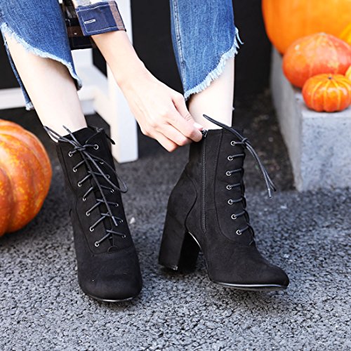 Allegra K Women Round Toe Chunky High Heel Lace Up Black Booties 8 M US