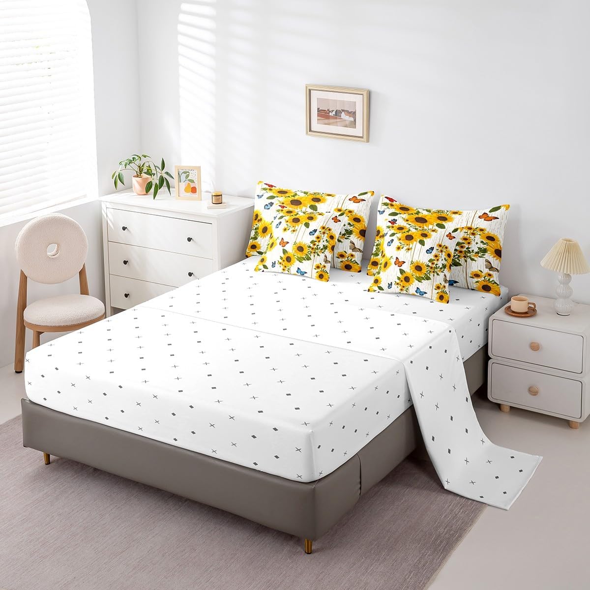 Feelyou Sunflower Comforter Set Full Size 7 Pieces Flower Floral Print Bedding Set for All Season Butterfly Rustic Country Farmhouse Bed in a Bag with Comforter, Sheets, Pillowcases & Cushion Cover