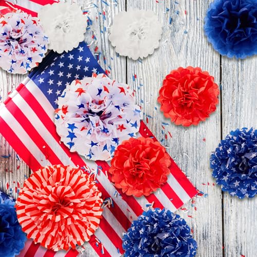 Image of 12 Pcs Patriotic Tissue Paper Pom Pom Flowers, Red White Blue 4th of July Party Decorations, Independence Day Memorial Day Backdrop Holiday Home Decor USA Flag Theme Party Supplies