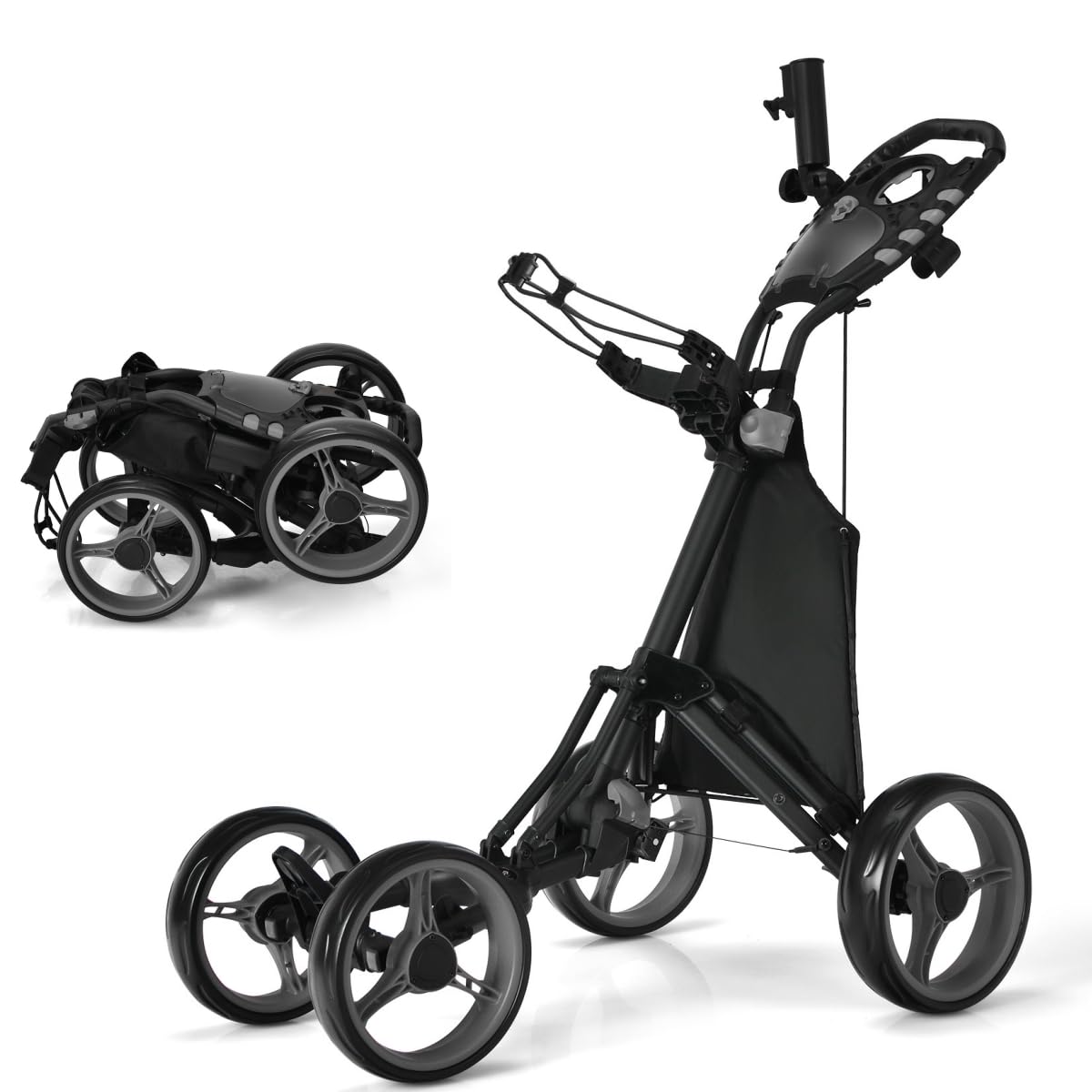 COSTWAY Golf Trolley, 4 Rad Golftrolley, Golfwagen klappbar, Golfcaddy aus Aluminum, Golfcaddy mit Schirmhalter, T-Stückhalterung und Aufbewahrungstasche (Grau)