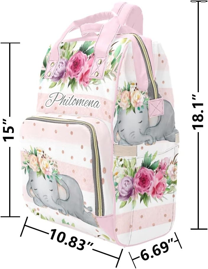 XOZOTY Personalized Watercolor Sleeping Elephant Pink Floral Print Diaper Bag Backpack with Name for Men Women Custom Nursing Baby Bags Shoulders Travel Bag Daypack