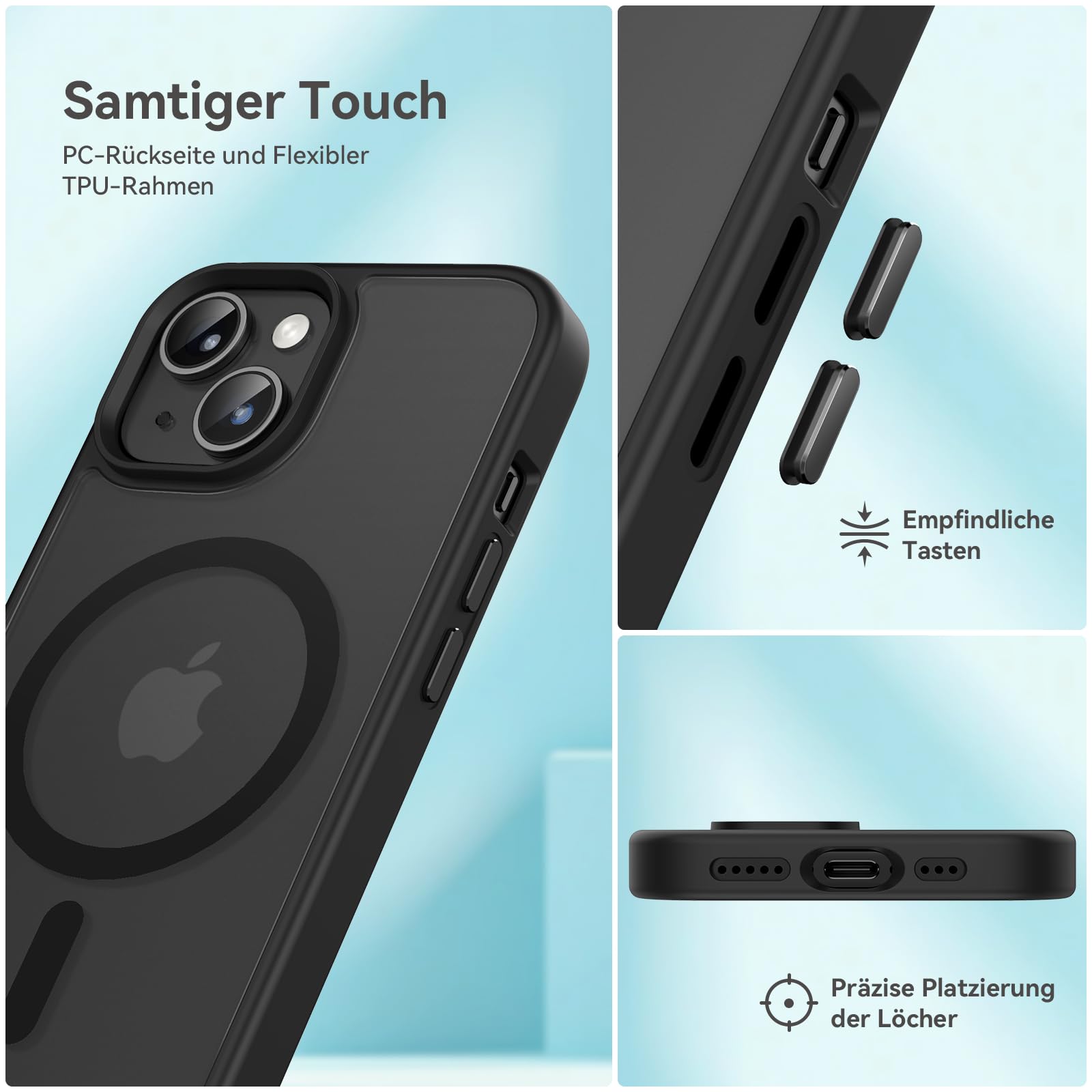 Natiiozie Magnetica Cover per iPhone 13/iPhone 14 Compatibile con MagSafe Custodia Traslucida Opaca Posteriore, Antiurto Anti-impronta Resistente ai Graffi Protettiva Case,Nero