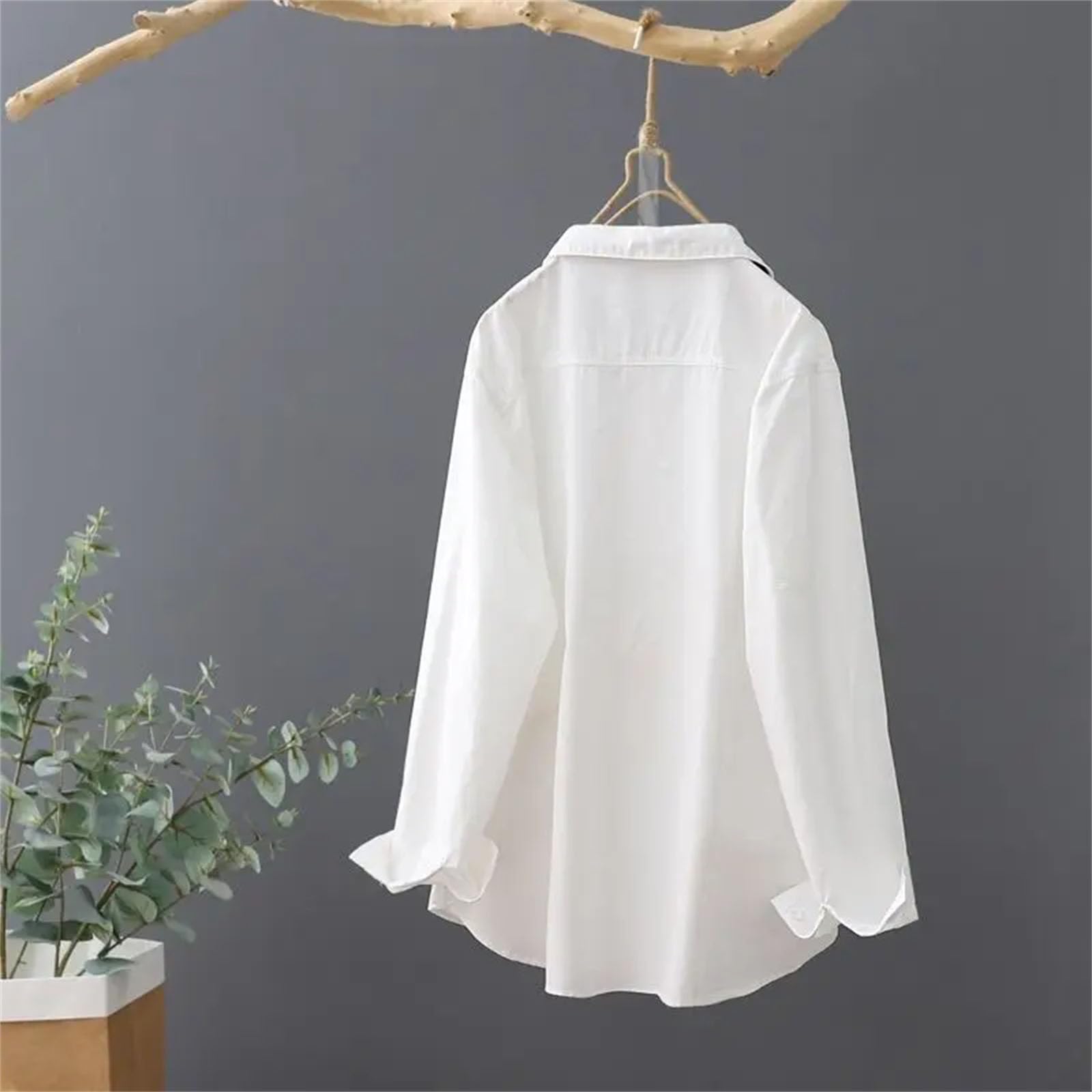Camisa de algodón y lino para mujer, de manga larga, con botones, estilo informal, color liso