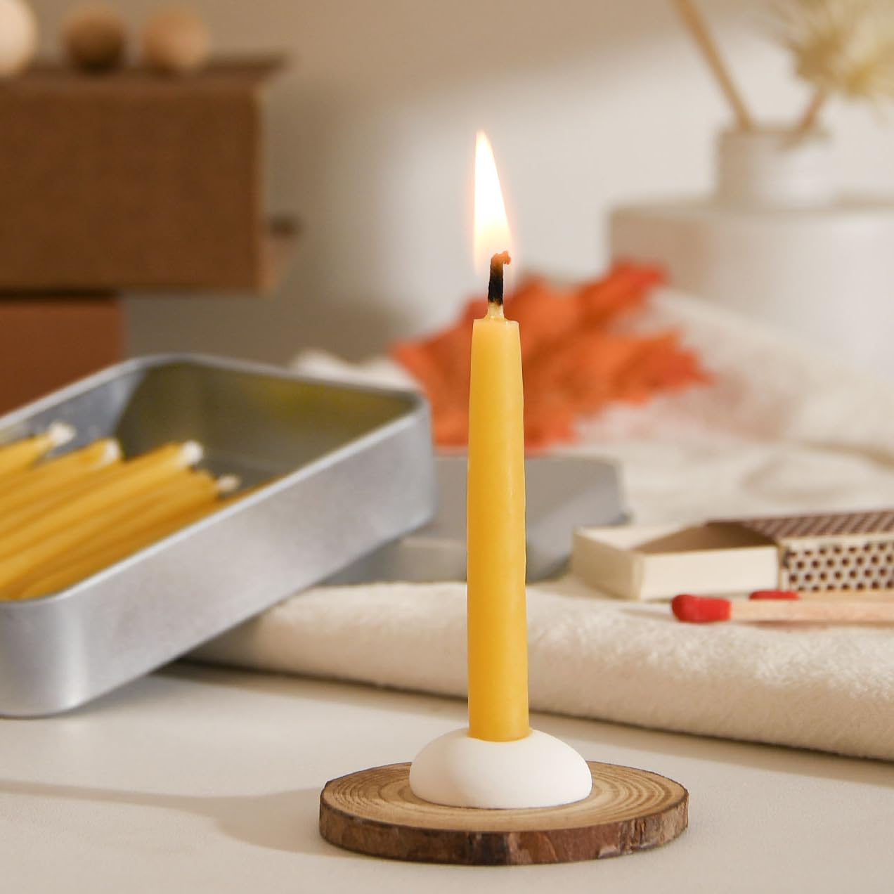 Photo 1 of 20 Minute 100% Pure Beeswax Candles, Mini Mindful Meditation Taper Candles, Smokeless & Dripless with Holder for Yoga, Prayer, Relaxation (Yellow,24 Pack)