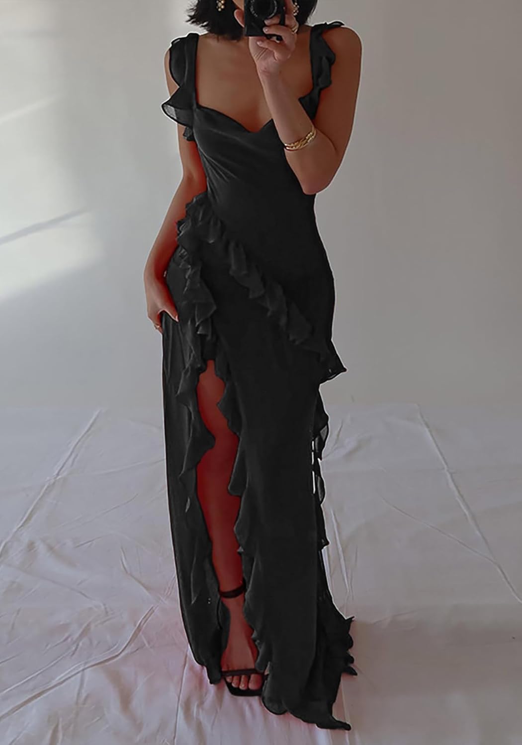 Ecirod Womens Spaghetti Strap High Slit Bodycon Maxi Dress Square Neck Backless Party Club Dresses - Image 3