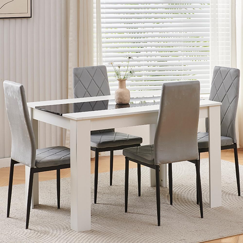 120cm Large Dining Table Set of 4, Modern Dining Table with 4 Grey Velvet Dining Chairs for Dining Room, Kitchen Set for Family Wooden