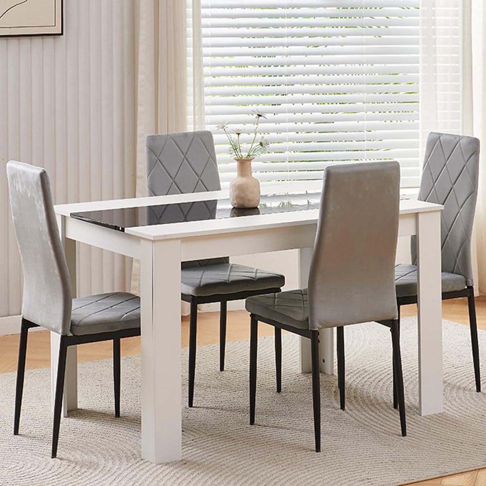 Rainbow Tree 120cm Large Dining Table Set of 4, Modern Dining Table with 4 Grey Velvet Dining Chairs for Dining Room, Kitchen Set for Family Wooden