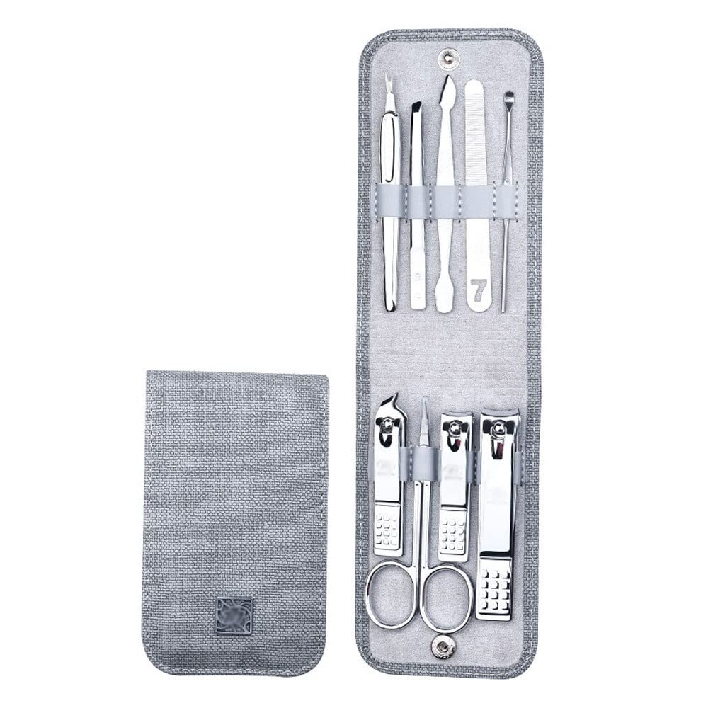 Set per Manicure Professionale da Uomo in Acciaio Inossidabile, Portatile da Viaggio, per Nail Art, e da Donna in Pelle Grigia, Composto da tagliaunghie e 9 Pezzi.