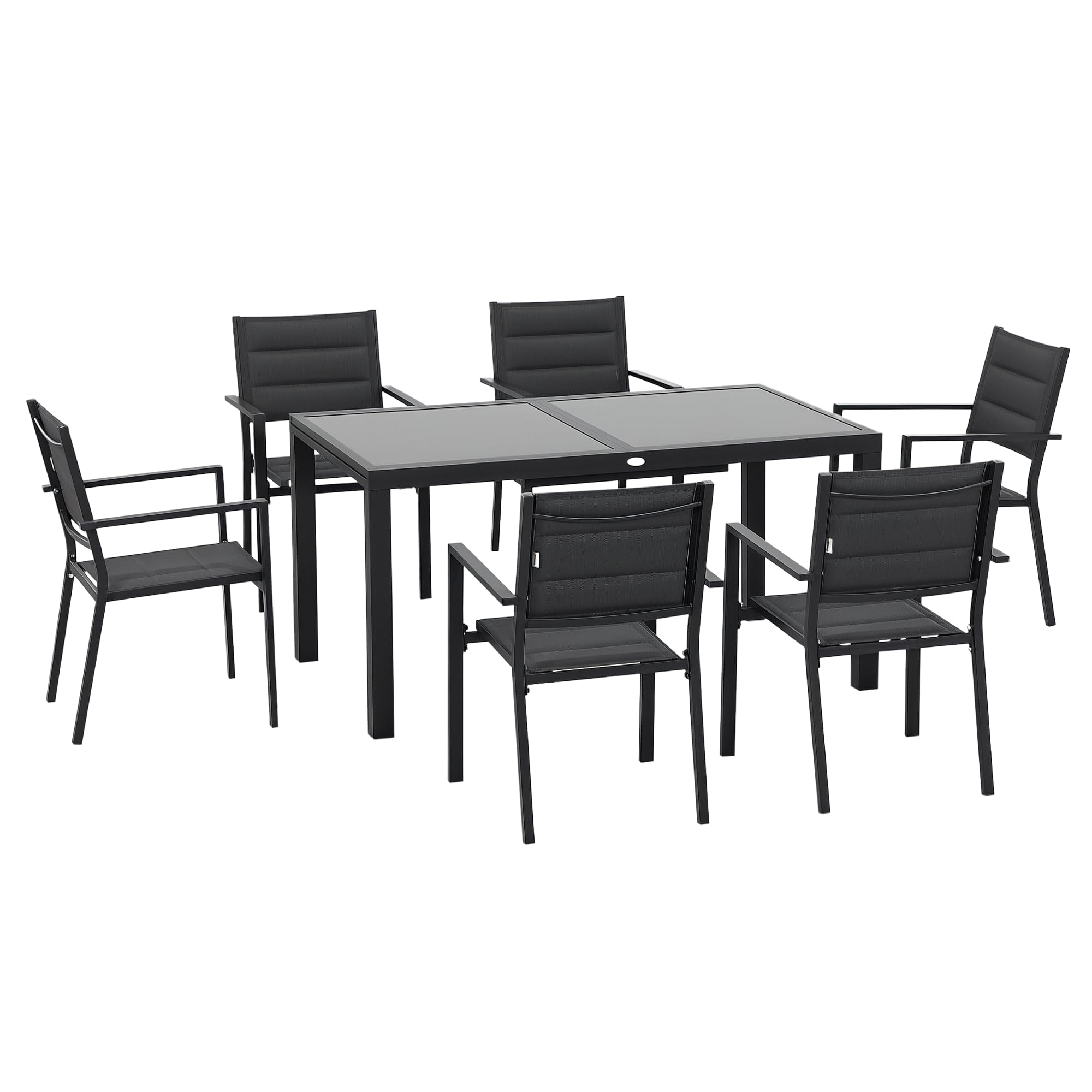 Outsunny Set Tavolo e Sedie da Giardino 7 Pezzi, Alluminio, Tavolo Rettangolare Allungabile, 6 Sedie Impilabili Texteline, Grigio Scuro