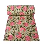 MAVISS HOMES Indian Block Print Quilt Kantha Quilt Queen Size Throw Blanket Bedspread Pure Cotton (Twin 90 X 60 Inch, Beige)