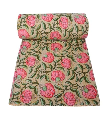 MAVISS HOMES Indian Block Print Quilt Kantha Quilt Queen Size Throw Blanket Bedspread Pure Cotton (Twin 90 X 60 Inch, Beige)