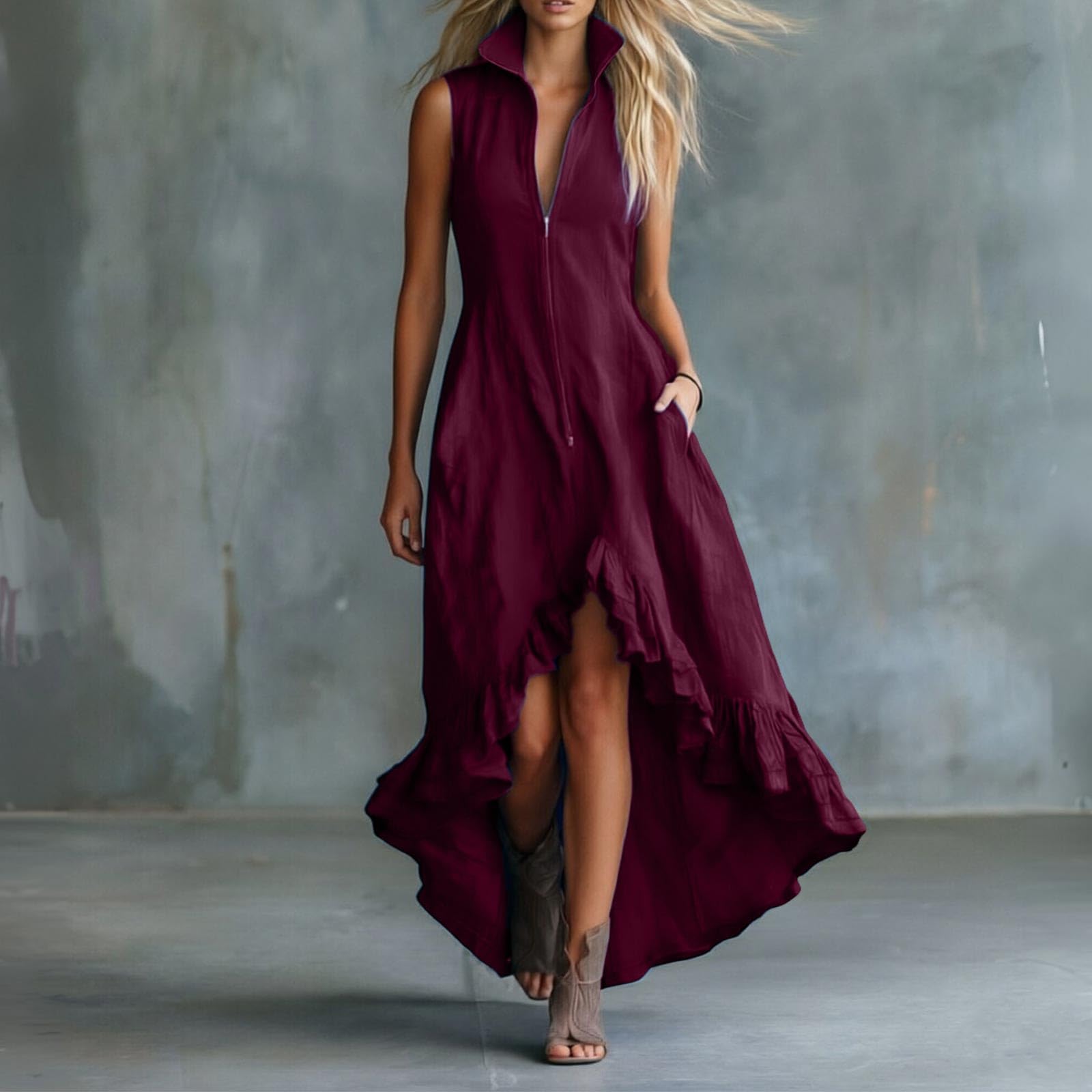Generisch Vestido casual sin mangas con cremallera trasera diseño liso elegante escote volantes adecuado para el día a día, ocio, vacaciones, vestido de mujer
