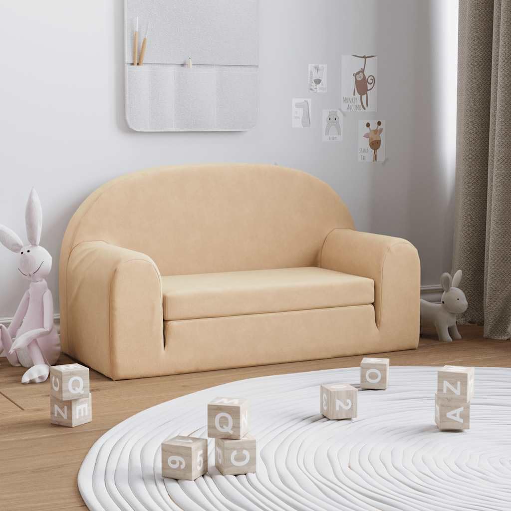 vidaXL Kinder-Schlafsofa 2-Sitzer Creme Weicher Plüsch, Kindercouch, Kinderzimmer Couch, Minisofa, Kinderzimmer Sofa, Minicouch, Mini Sofa