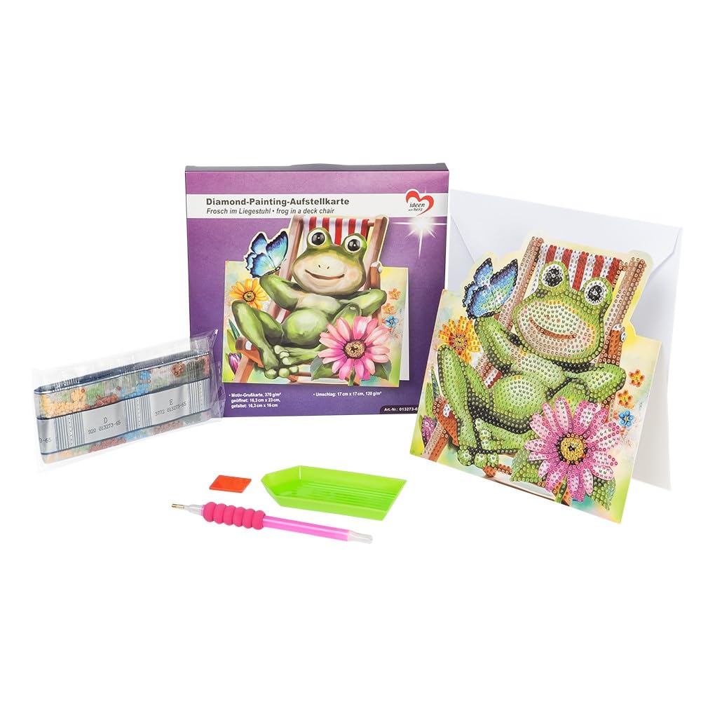 Ideen mit Herz Diamond Painting Display Card | 370gsm | 16.3cm x 16cm | Includes Envelope & Tools (Frog in Deck Chair)