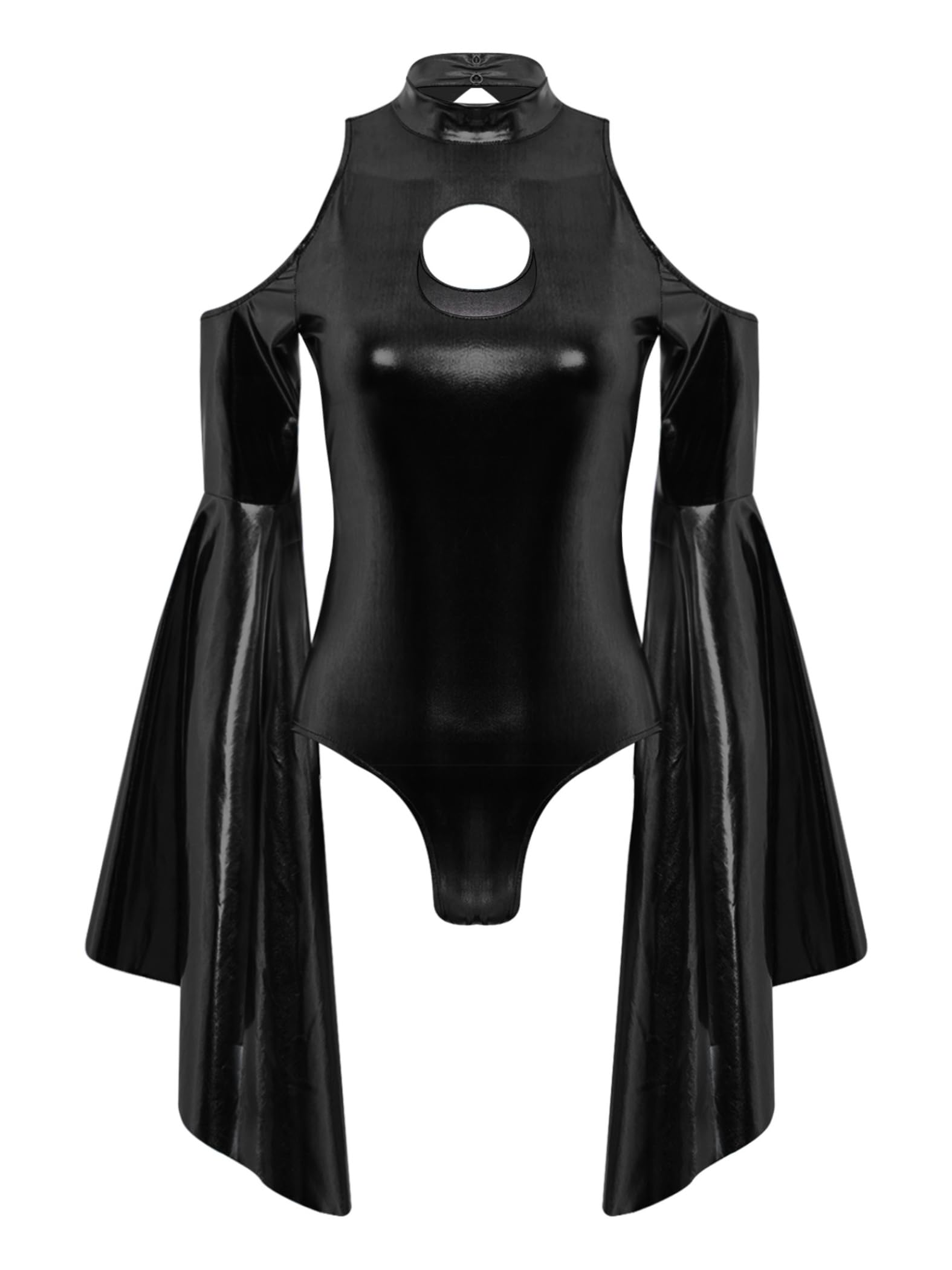 Unitard Pour Femmes En Métal Brillant Avec Découpe Au Dos Manches Longues Évasées Exagérées