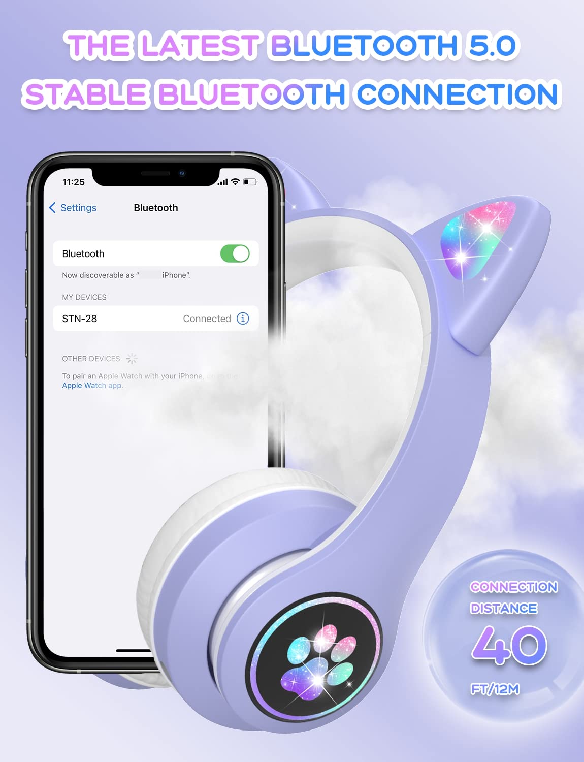 VuyKoo Cuffie Bluetooth per bambini con microfono/illuminazione LED, Cuffie Wireless limitatore 85dB, Cuffie On-Ear pieghevoli per Smartphone/scuola/scrivania/PC/Kindle (Viola)