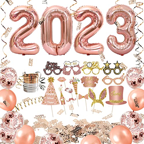 iZoeL Silvester Deko Rosegold 2023 Ballon Silvesterparty Foto Requisiten Konfetti Luftballon rosegold Luftschlange Neujahr Partydeko Cover