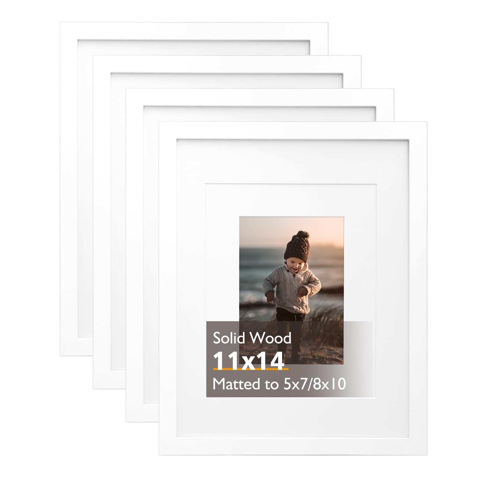 11x14 Picture Frame White, Solid Wood Frames with Acrylic Plexiglass for Pictures 5x7/8x10 with Mat or 11x14 without Mat, Tabletop and Wall Display, Set of 4