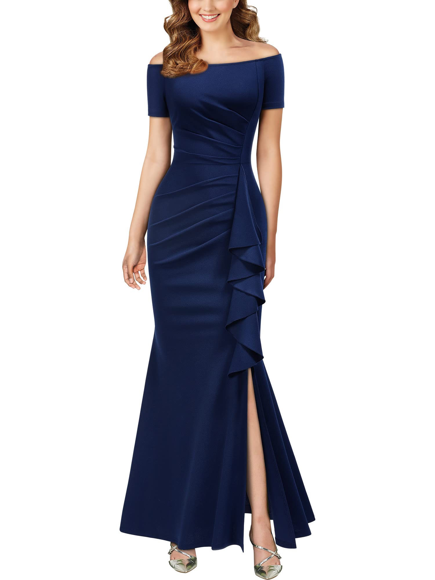 AISIZE Women's Elegant Off Shoulder Ruffle Formal Evening Long Dress