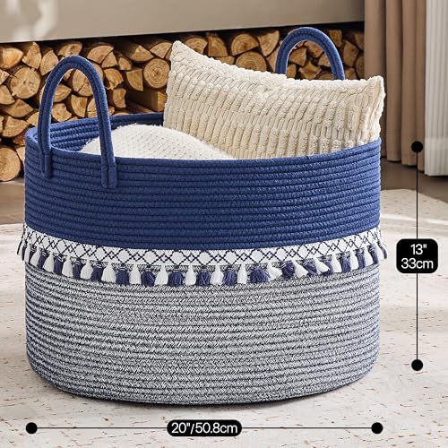 Image of KAKAMAY Cotton Rope Storage Basket (20 inchx13 inch),Woven Hamper for Blankets,Toys,Pillows,Clothes,Laundry,Sturdy Handles Decorative Basket for Living Room, Bedroom,Nursery(Blue /White)