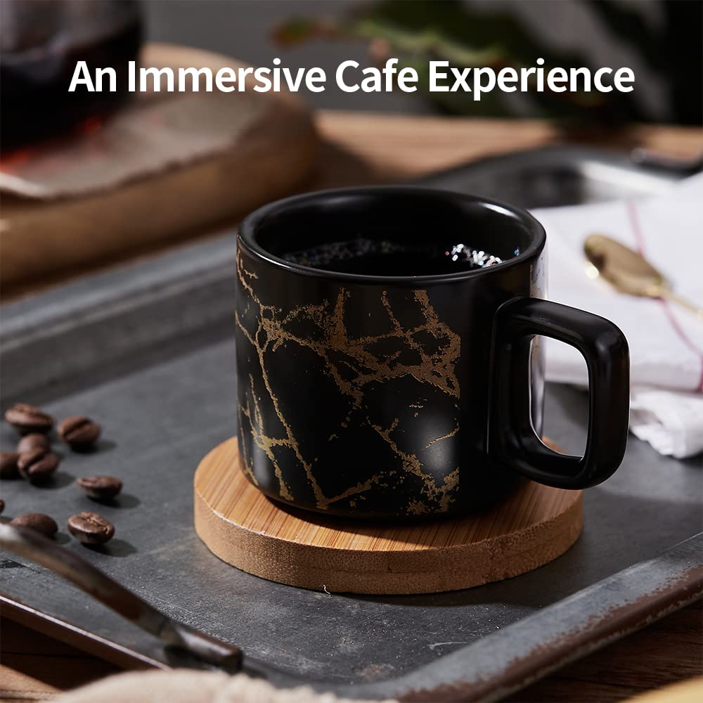 LUKA Juego de 4 tazas de café expreso de porcelana con platillo y soporte de metal, apilables, de cerámica, para café con leche, café, moca, té (juego de 4)