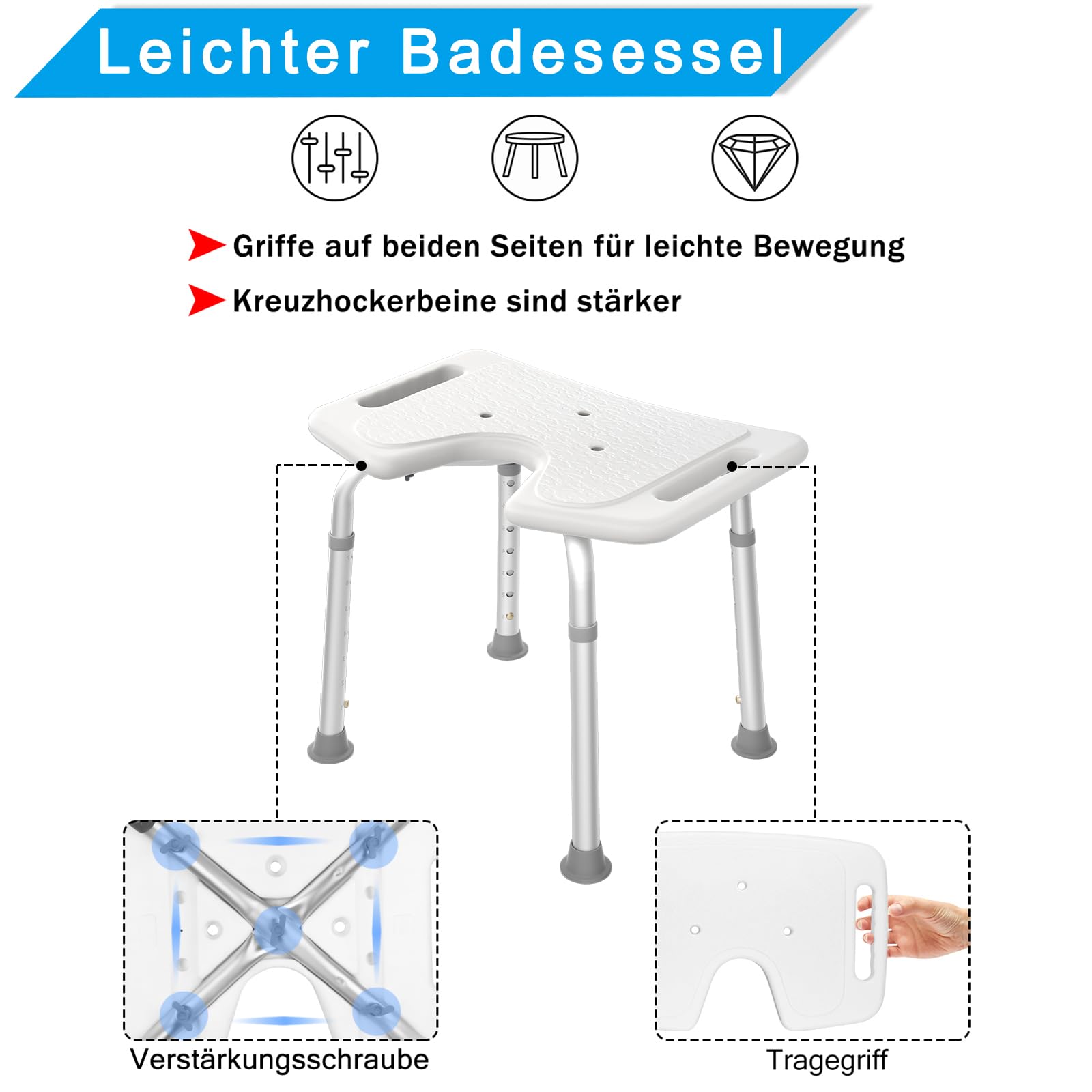 Aufun Sgabello doccia sedia doccia 35-51cm sgabello doccia regolabile in altezza sedile bagno antiscivolo tipo U sedile doccia in alluminio e plastica
