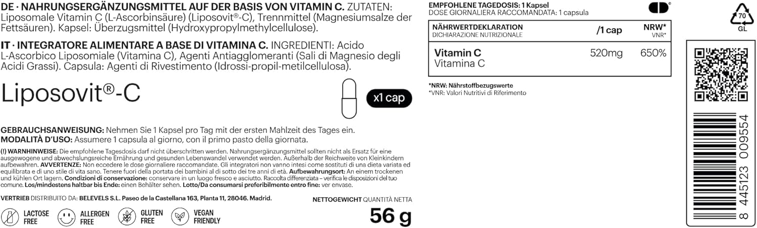 Vitamin C Liposomal Gepuffert Hochdosiert 60 Kapseln Verbesserte Aufnahme dank Liposovit® Immunsystem + Antioxidativer Schutz + Kollagenproduktion Vegan + Laktosefrei be levels