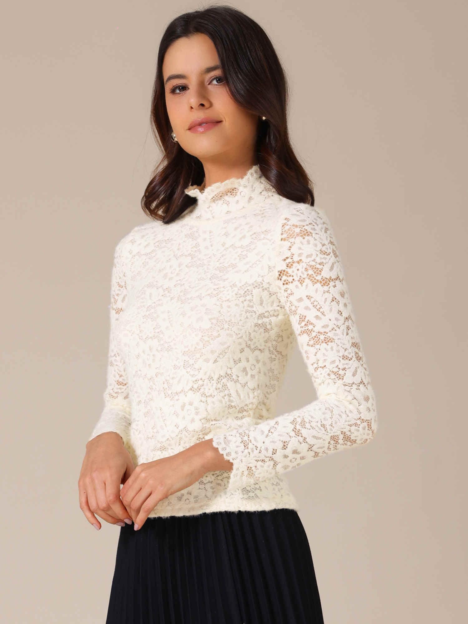Allegra K Camicetta floreale da donna autunno inverno 2025 basic in pizzo a maniche lunghe con collo a volant