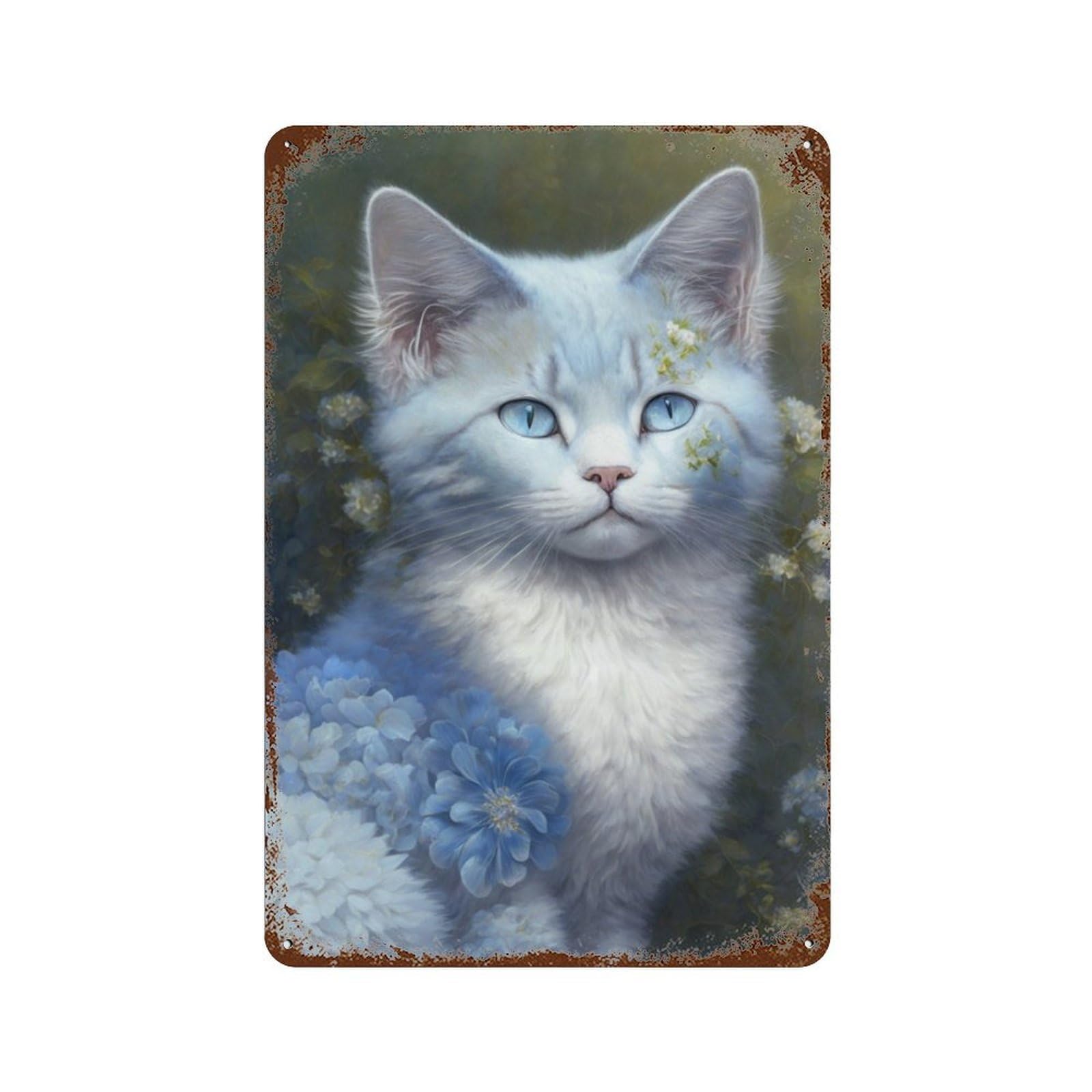 Blue-eyed Kitten with Flowers Vintage Metal Tin Sign 11.8"x7.9", Novelty Wall Decor for Garage, Pub Or Kitchen