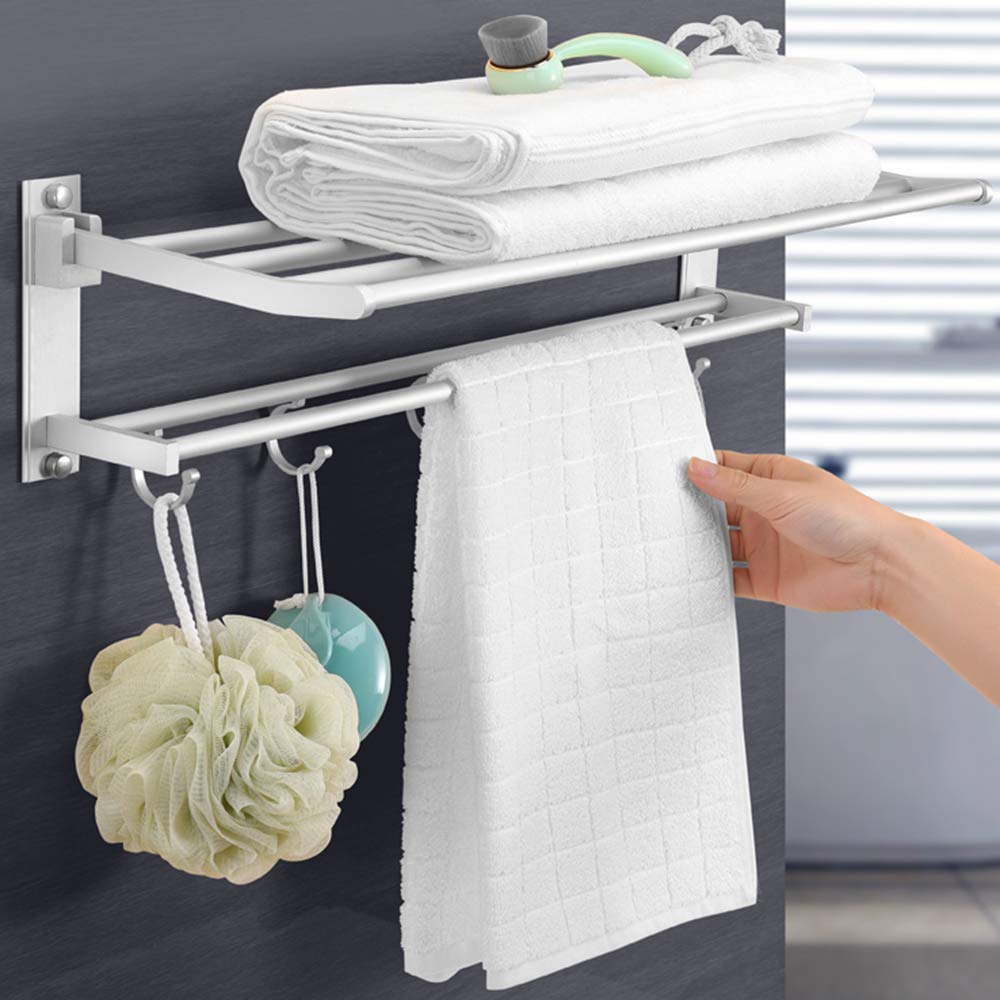 Étagère de salle de bain murale en aluminium argent avec crochets et double barre