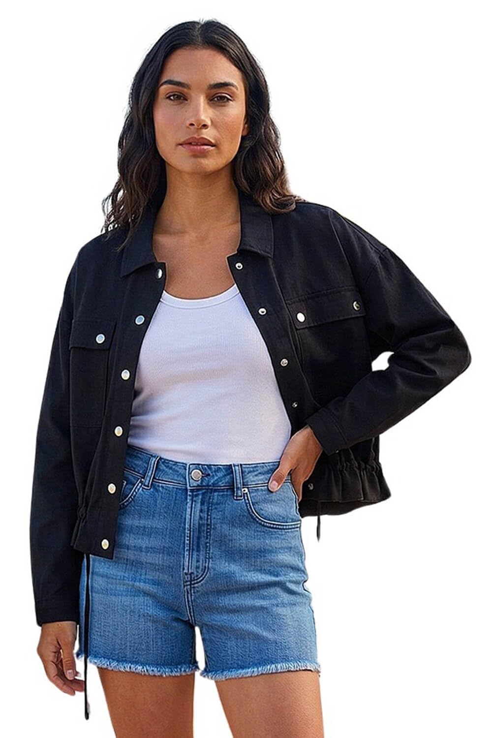 Roman Originals Women's Black Utility Collared Pocket Jacket For Uk - Everyday Holiday Spring Summer Collared Neckline Comfy Soft Evening Vacation Work Party - Size 12