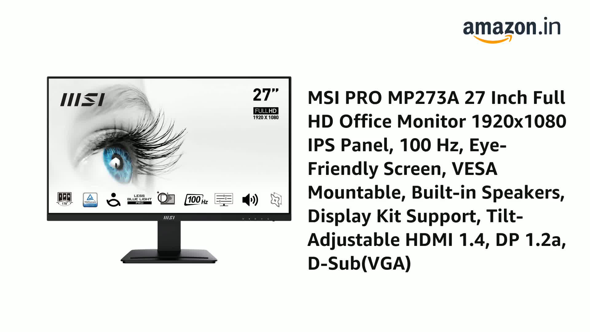 MSI PRO MP273A 27 Inch Full HD Office Monitor 1920x1080 IPS Panel