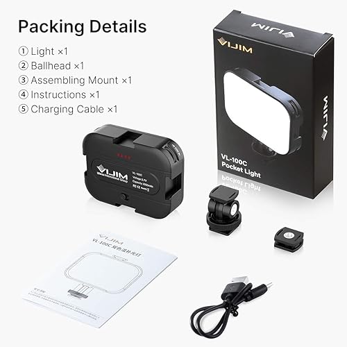 Miniatura 7 de VIJIM VL100C Luz de video LED bicolor en la cámara, mini luces LED recargables de 2000 mAh, CRI95+ regulable 2500-6500K iluminación ultra brillante