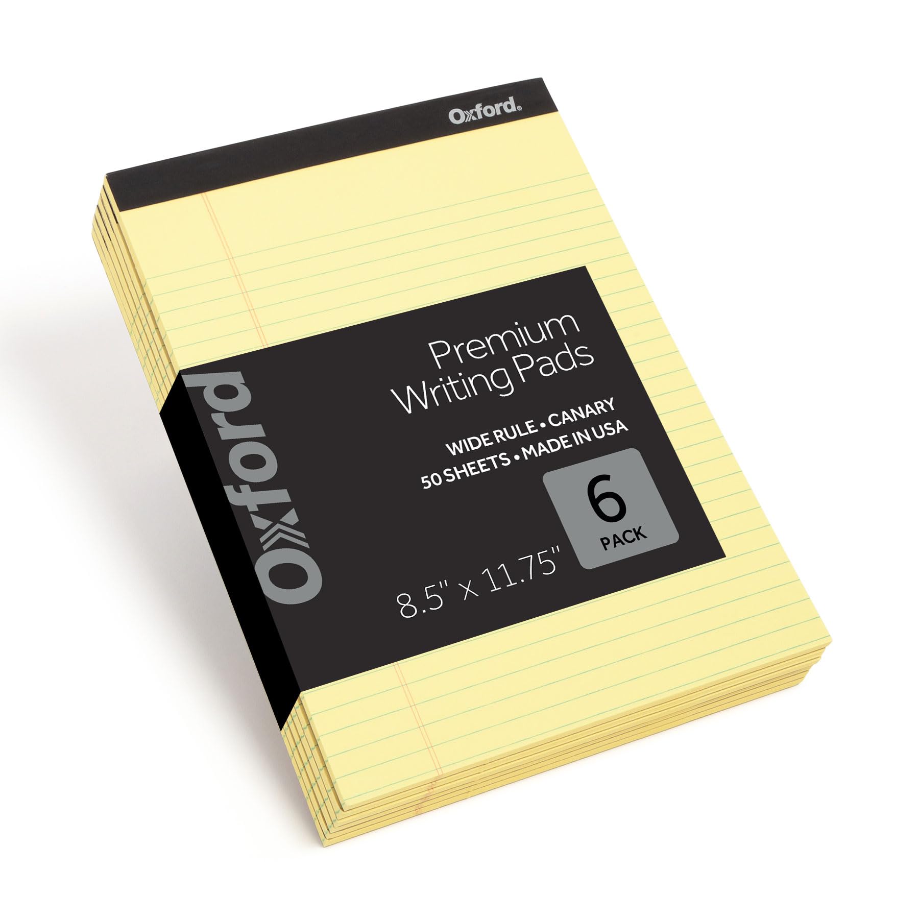 Oxford Bloc de notas legal de alta calidad, paquete de 6, papel amarillo grueso con parte trasera extra dura, 8.5 x 11 pulgadas, 50 hojas, rayas anchas, bloc de notas de calidad, fabricado con orgullo